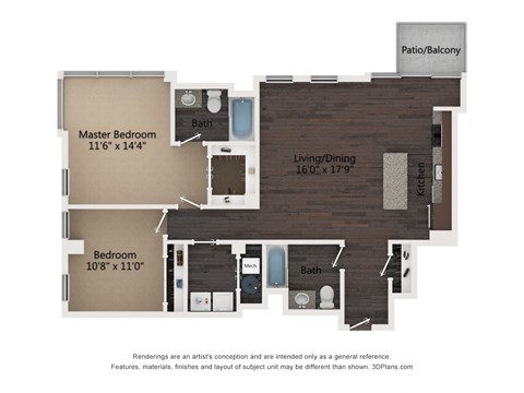 Floor plan for 2 beds, 2 baths, 1173 sqft